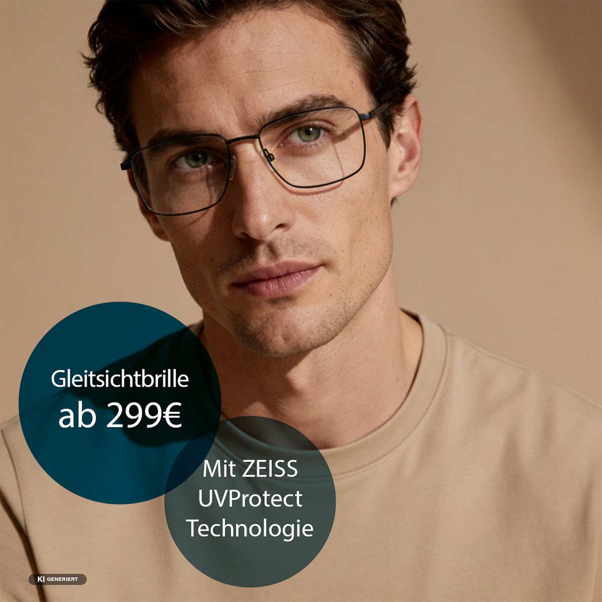 KI generiert Werbeinfo auf dem Bild: Gleitsichtbrille ab 299 Euro mit ZEISS UVProtect Technologie
