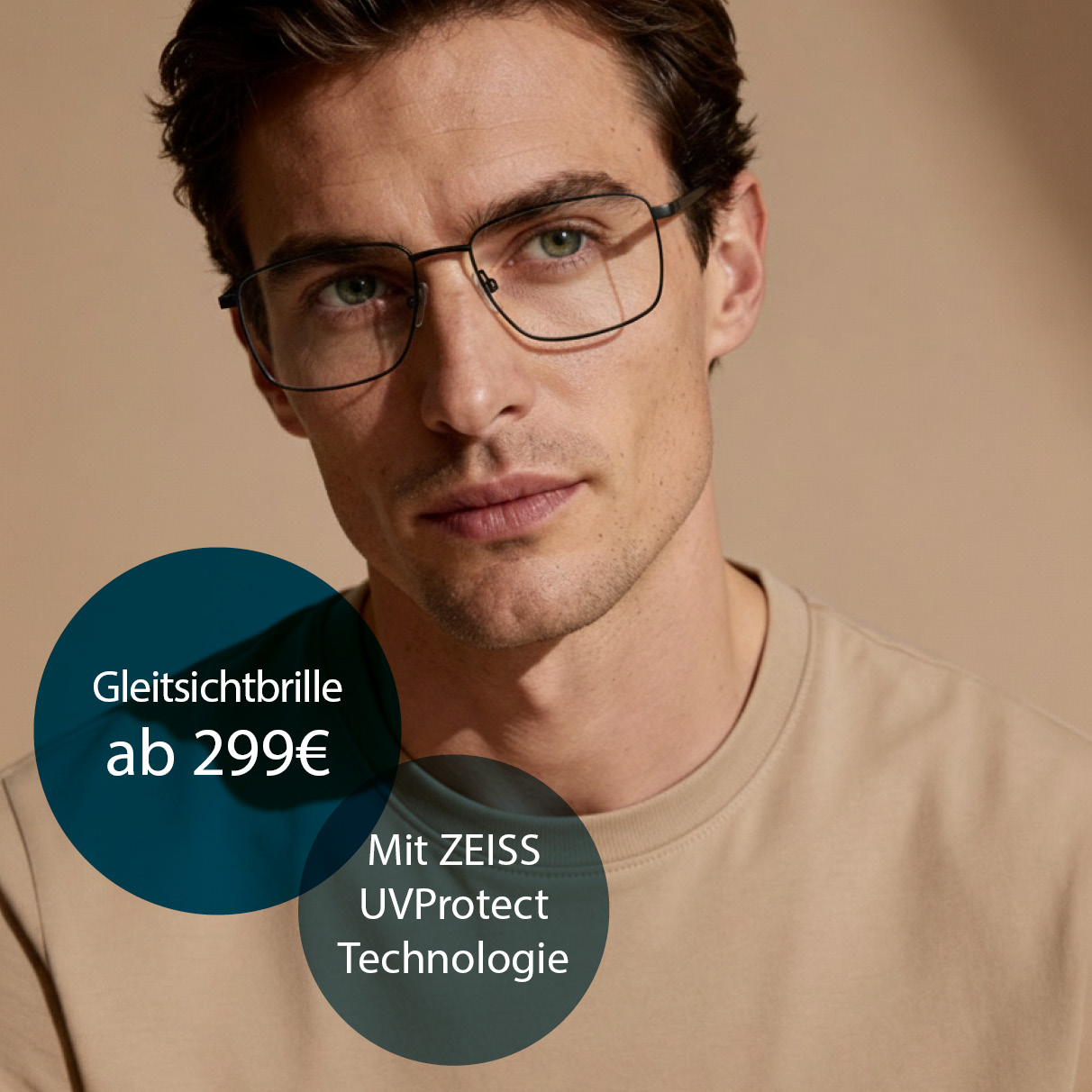 Werbeinfo auf dem Bild: Gleitsichtbrille ab 299 Euro mit ZEISS UVProtect Technologie