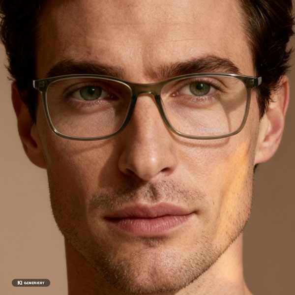 KI generiert Mann mit grüner Gleitsichtbrille schaut in die Kamera.