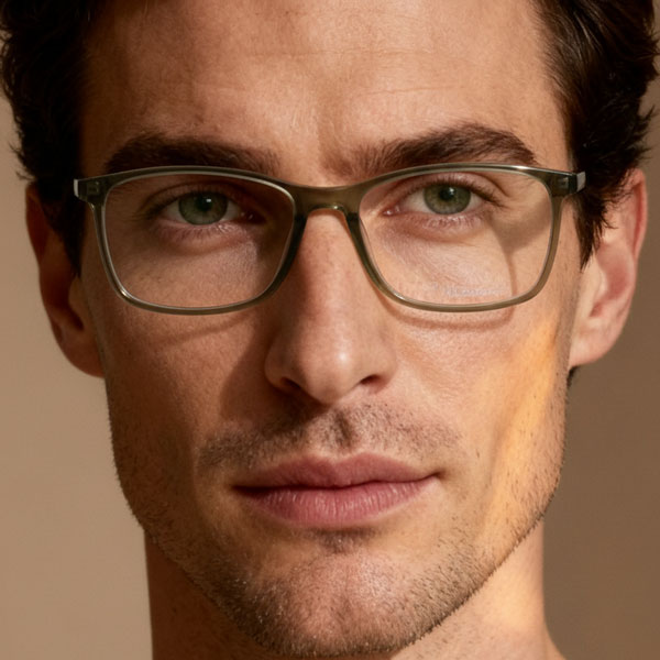 Mann mit gr&uuml;ner Gleitsichtbrille schaut in die Kamera. 